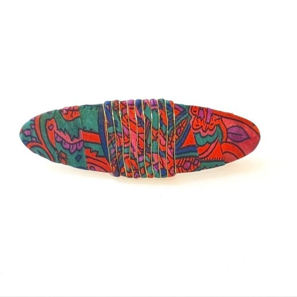 Vintage 80’s Barrette Hair Clip Silk Fabric Green & Pink